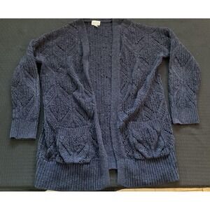 Yam & Sea Cardigan Sweater Womens Small Navy Open Knit Long Pockets Ribbed Trim